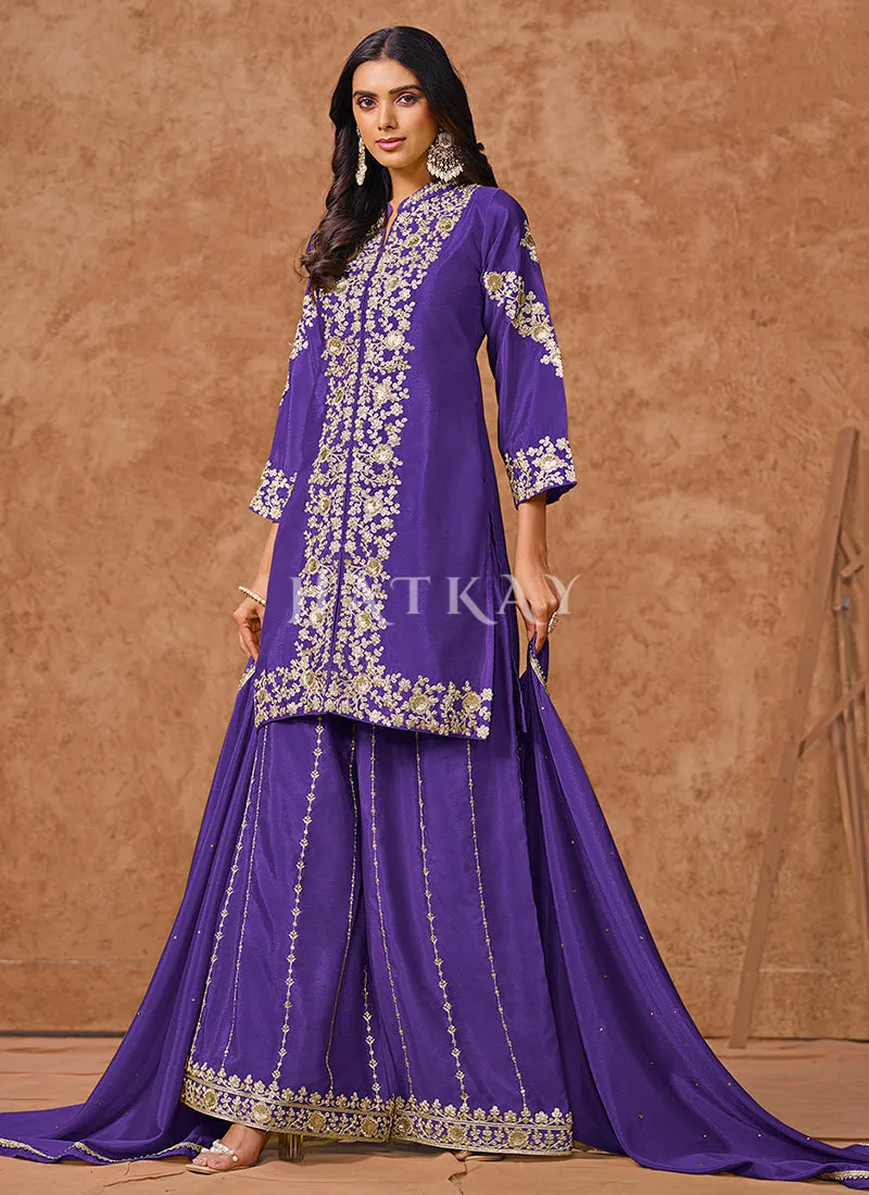 Violet Embroidered Silk Palazzo Suit
