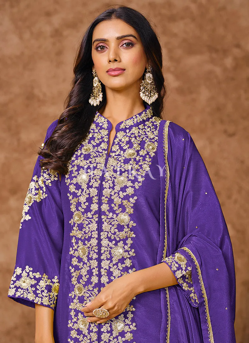 Violet Embroidered Silk Palazzo Suit