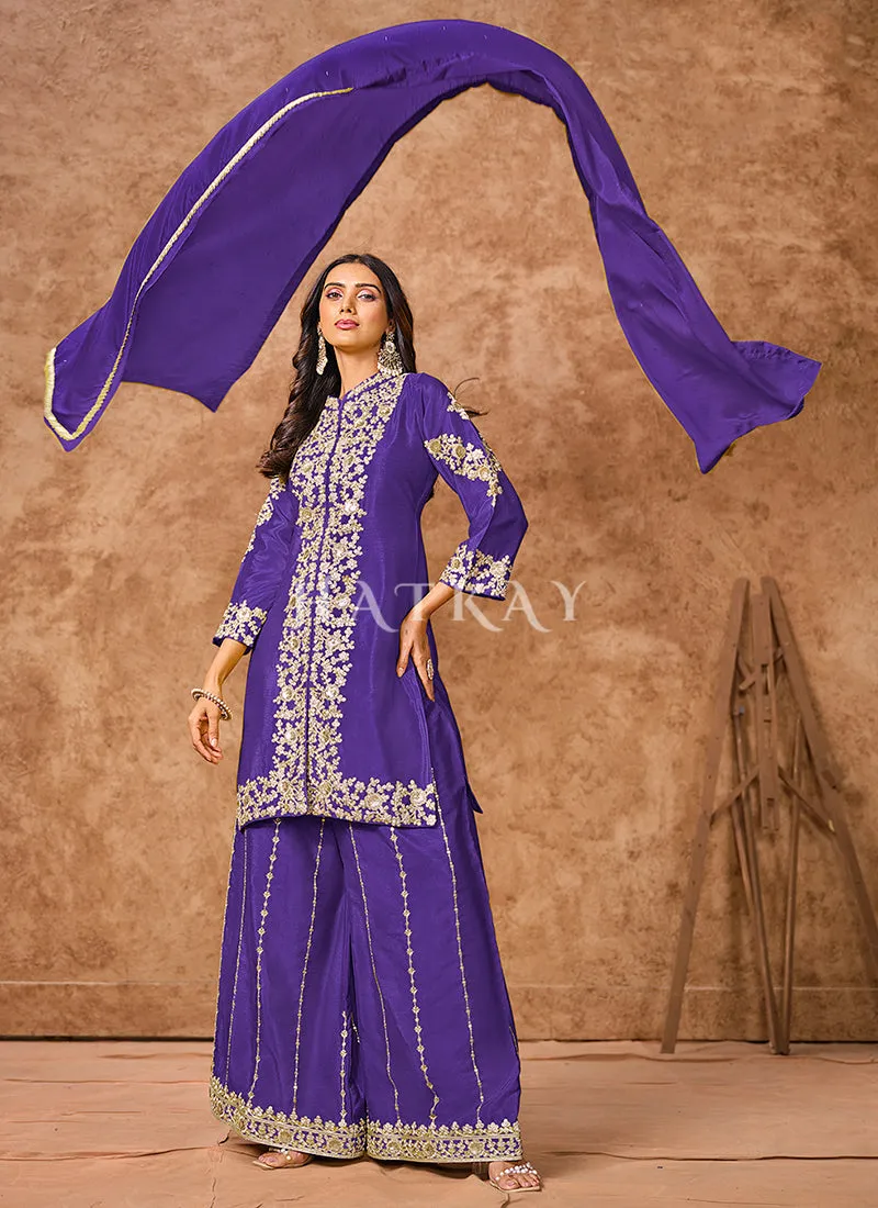 Violet Embroidered Silk Palazzo Suit