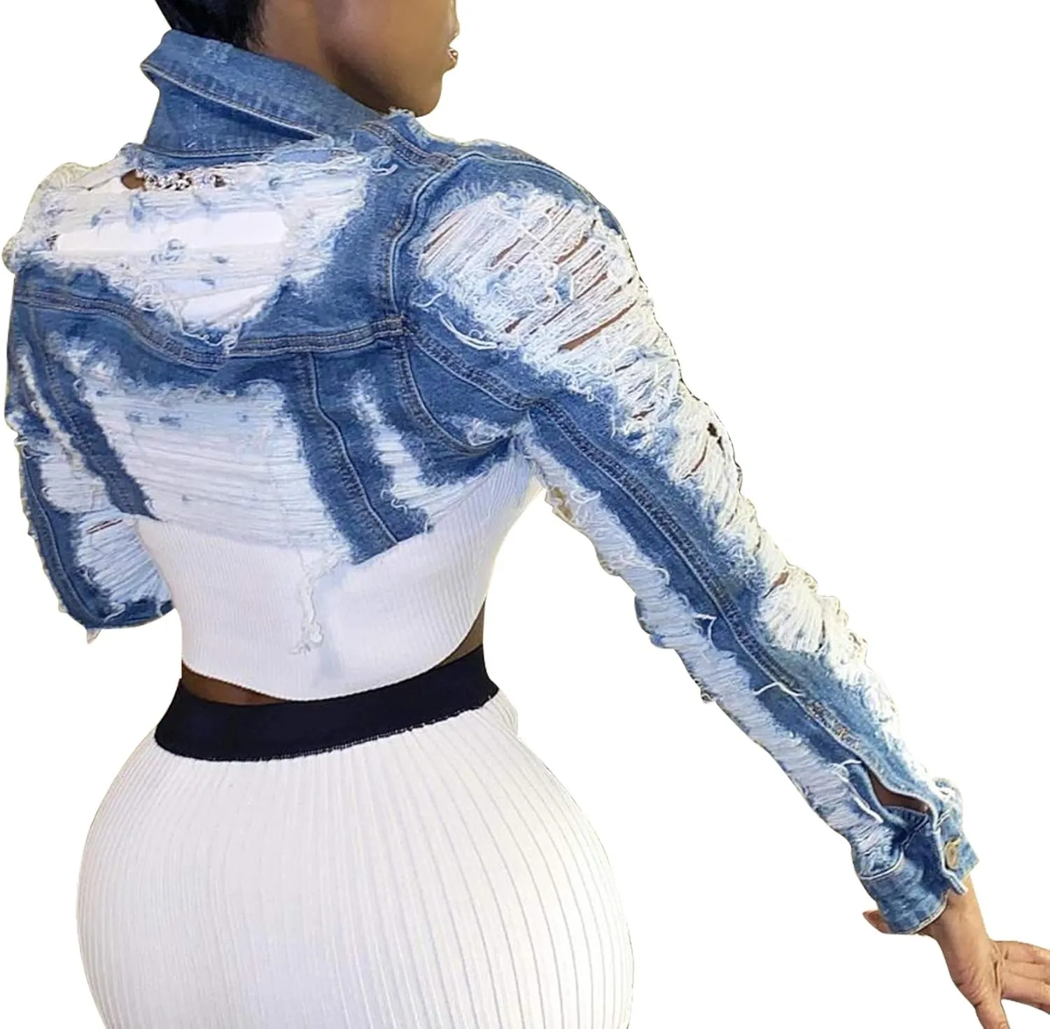Voghtic Women Sexy Ripped Denim Jackets Lapel Button Down Short Crop Top Jeans Coat