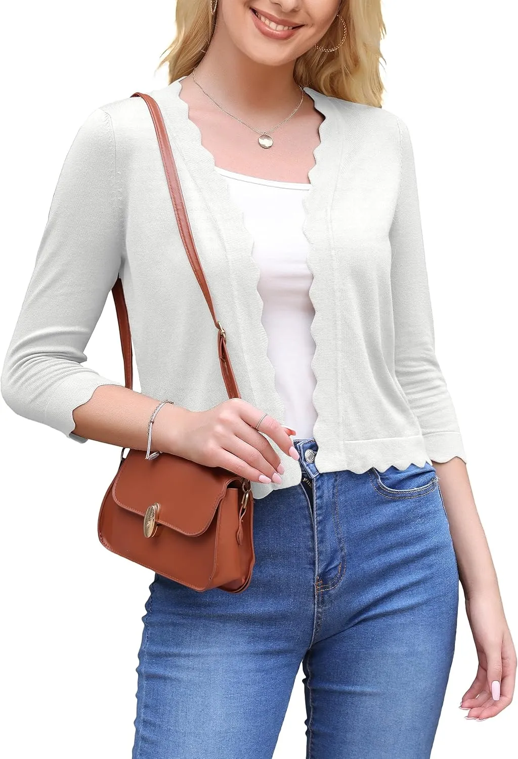 VOIANLIMO Women's 3/4 Sleeve Cropped Cardigan Sweaters Knit Open Front Bolero Short Shrugs for Dresses