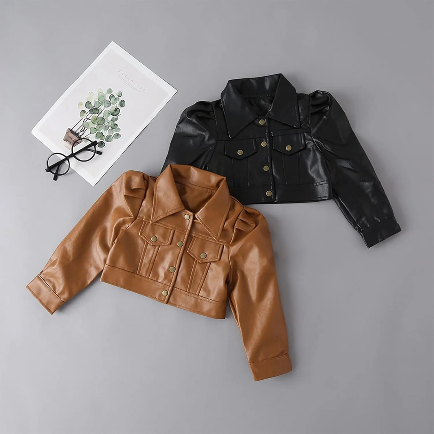 WASAIGOOD Toddler Girls Motorcycle Jackets PU Faux Leather Coat Turn-Down Collar Long Sleeve Crop Tops Outerwear Coats