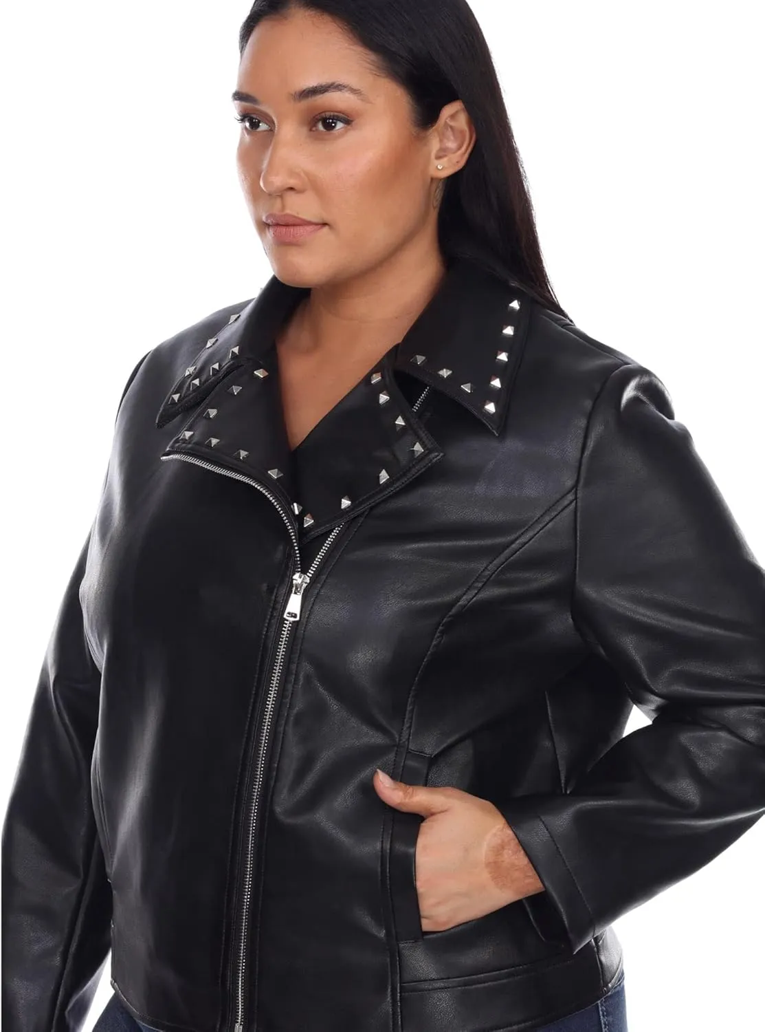 white mark Women's Plus Size Faux Leather Biker Jacket with Studs