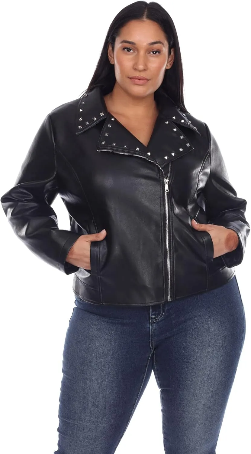white mark Women's Plus Size Faux Leather Biker Jacket with Studs