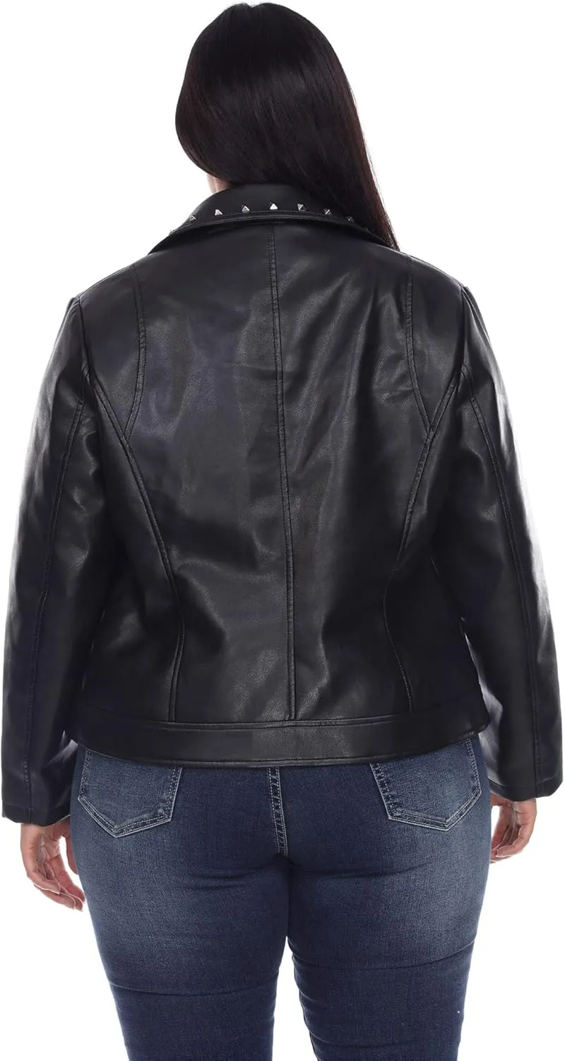 white mark Women's Plus Size Faux Leather Biker Jacket with Studs