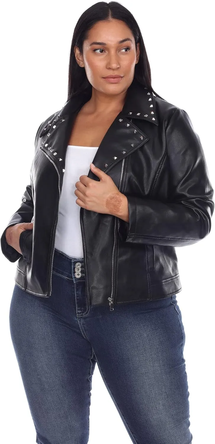 white mark Women's Plus Size Faux Leather Biker Jacket with Studs