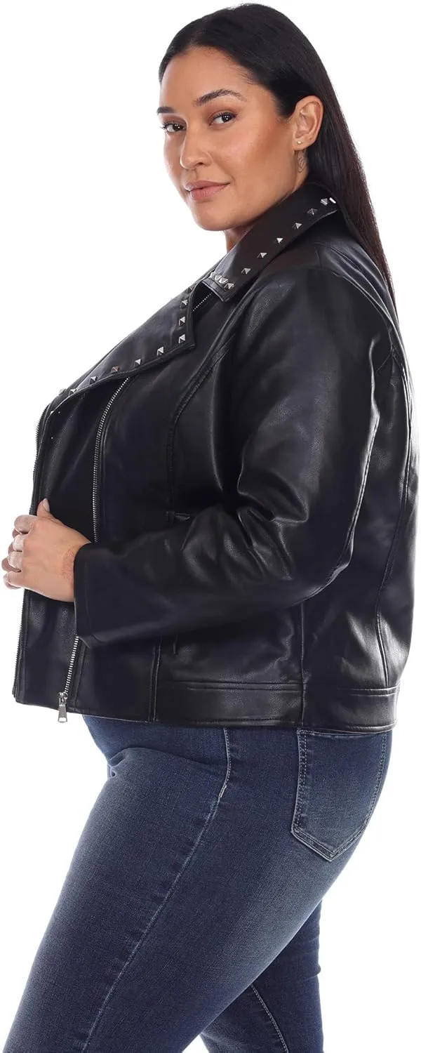 white mark Women's Plus Size Faux Leather Biker Jacket with Studs