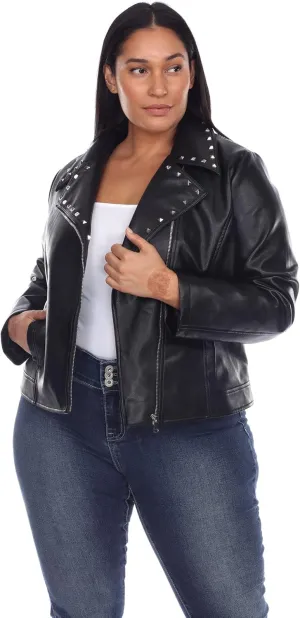 white mark Women's Plus Size Faux Leather Biker Jacket with Studs