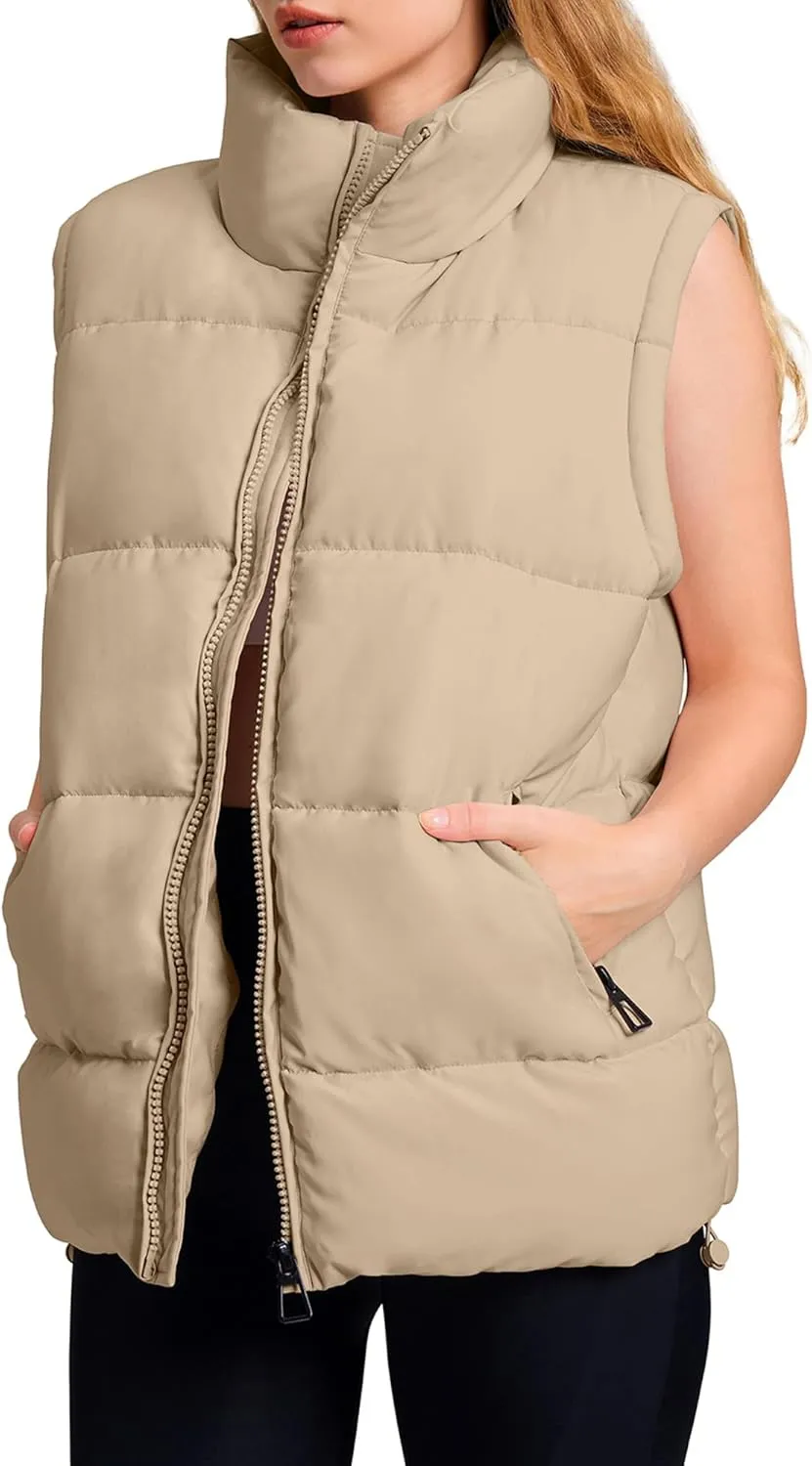 WHN Womens Puffer Vest 2024 Winter Zip Up Oversized Padded Puffy Jacket Coat with Pockets
