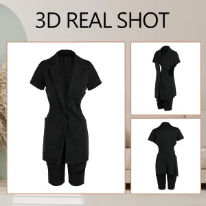 Women 2 Piece Outfits Sexy Long Sleeve A Buckle Blazer Jackets with Ripped Holes