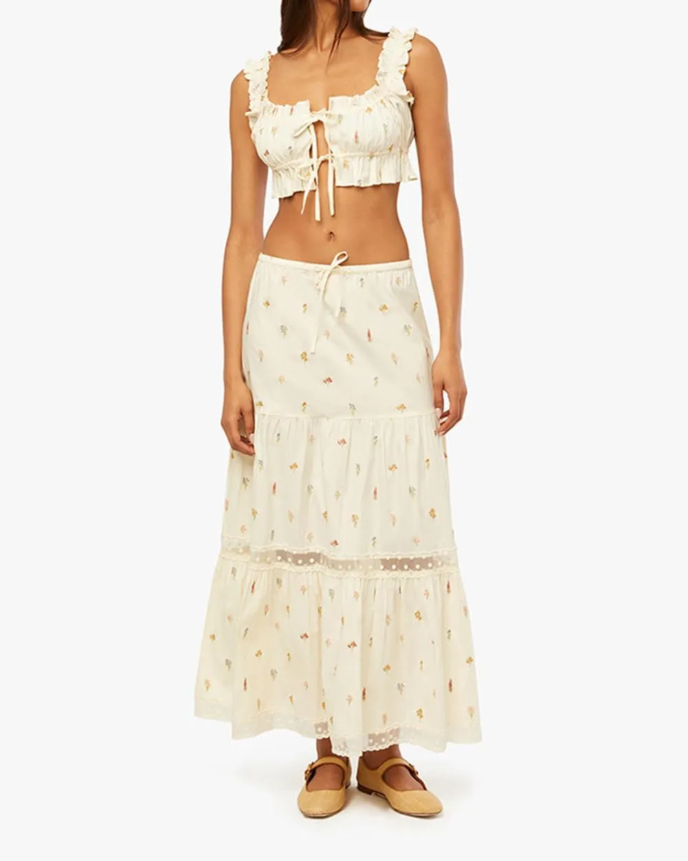 Women 2 Piece Skirt Set Summer Outfits Puff Sleeve Tie-up Front Crop Top Long Maxi Skirt Cottage Vacation Beachwear