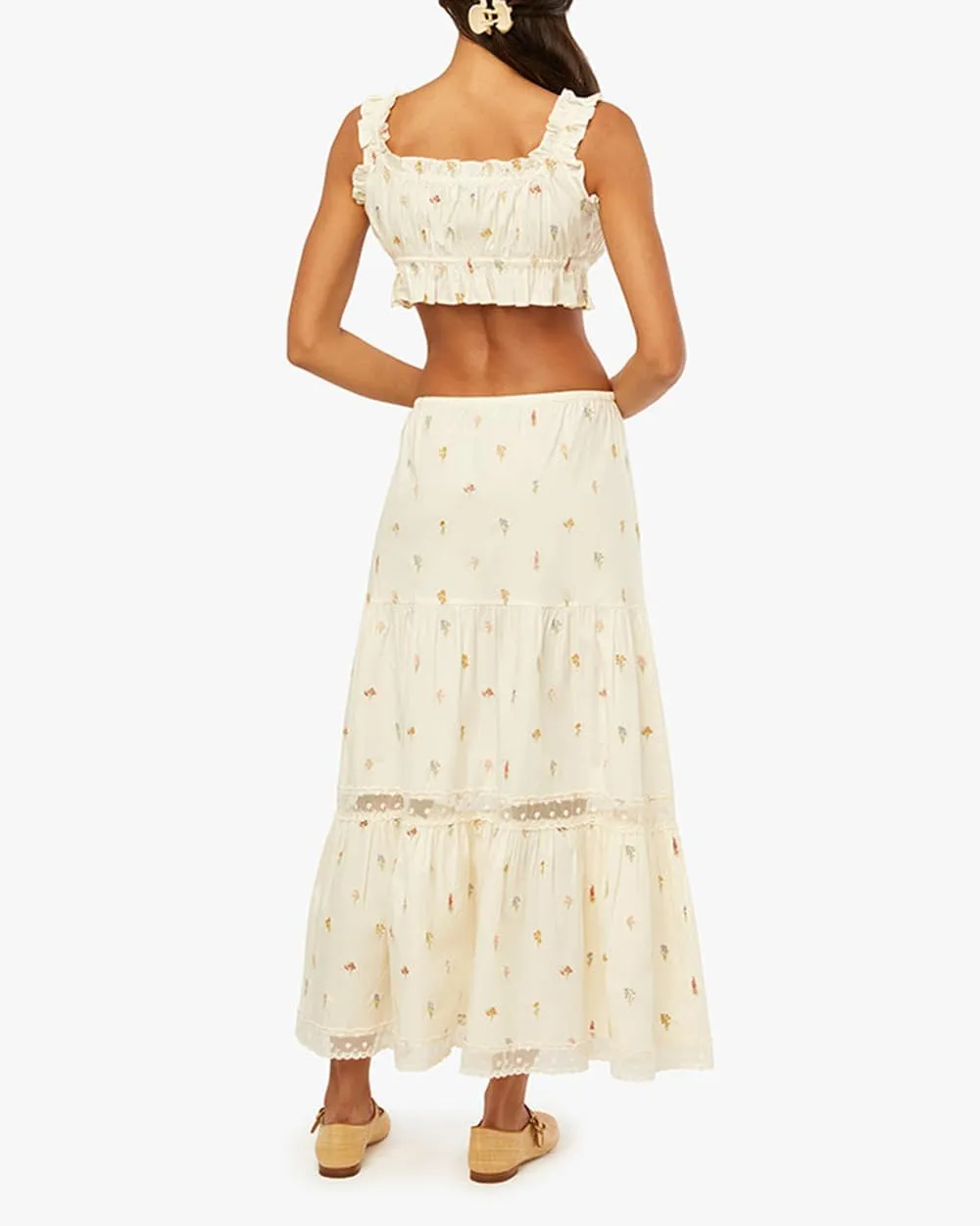 Women 2 Piece Skirt Set Summer Outfits Puff Sleeve Tie-up Front Crop Top Long Maxi Skirt Cottage Vacation Beachwear