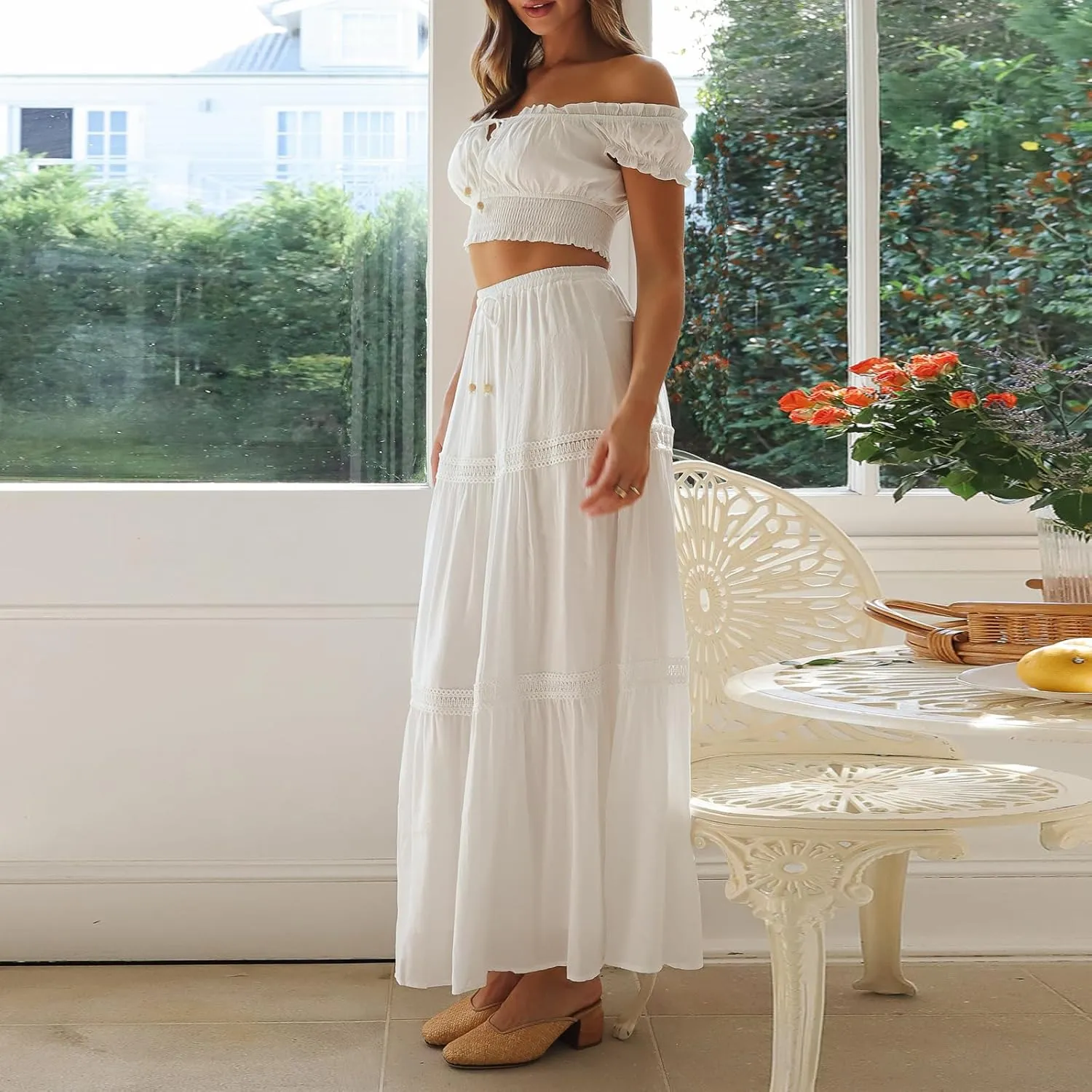Women 2 Piece Summer Boho Skirt Outfits Puff Sleeve Off Shoulder Crop Top Flowy Long Skirt Set Vacation Beachwear