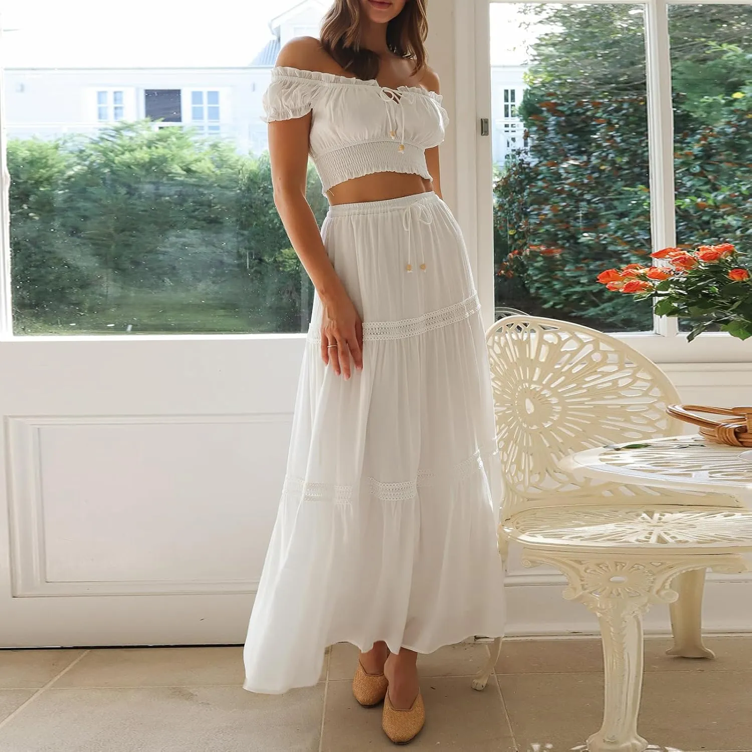 Women 2 Piece Summer Boho Skirt Outfits Puff Sleeve Off Shoulder Crop Top Flowy Long Skirt Set Vacation Beachwear
