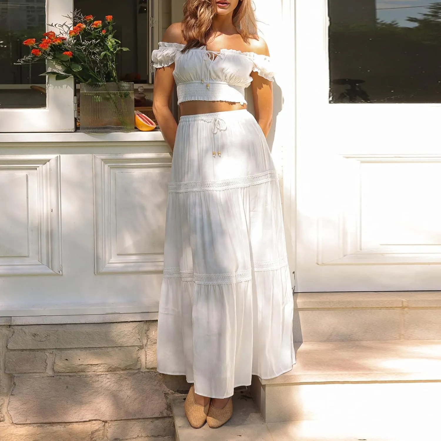 Women 2 Piece Summer Boho Skirt Outfits Puff Sleeve Off Shoulder Crop Top Flowy Long Skirt Set Vacation Beachwear
