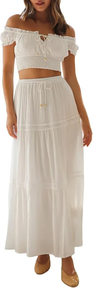 Women 2 Piece Summer Boho Skirt Outfits Puff Sleeve Off Shoulder Crop Top Flowy Long Skirt Set Vacation Beachwear