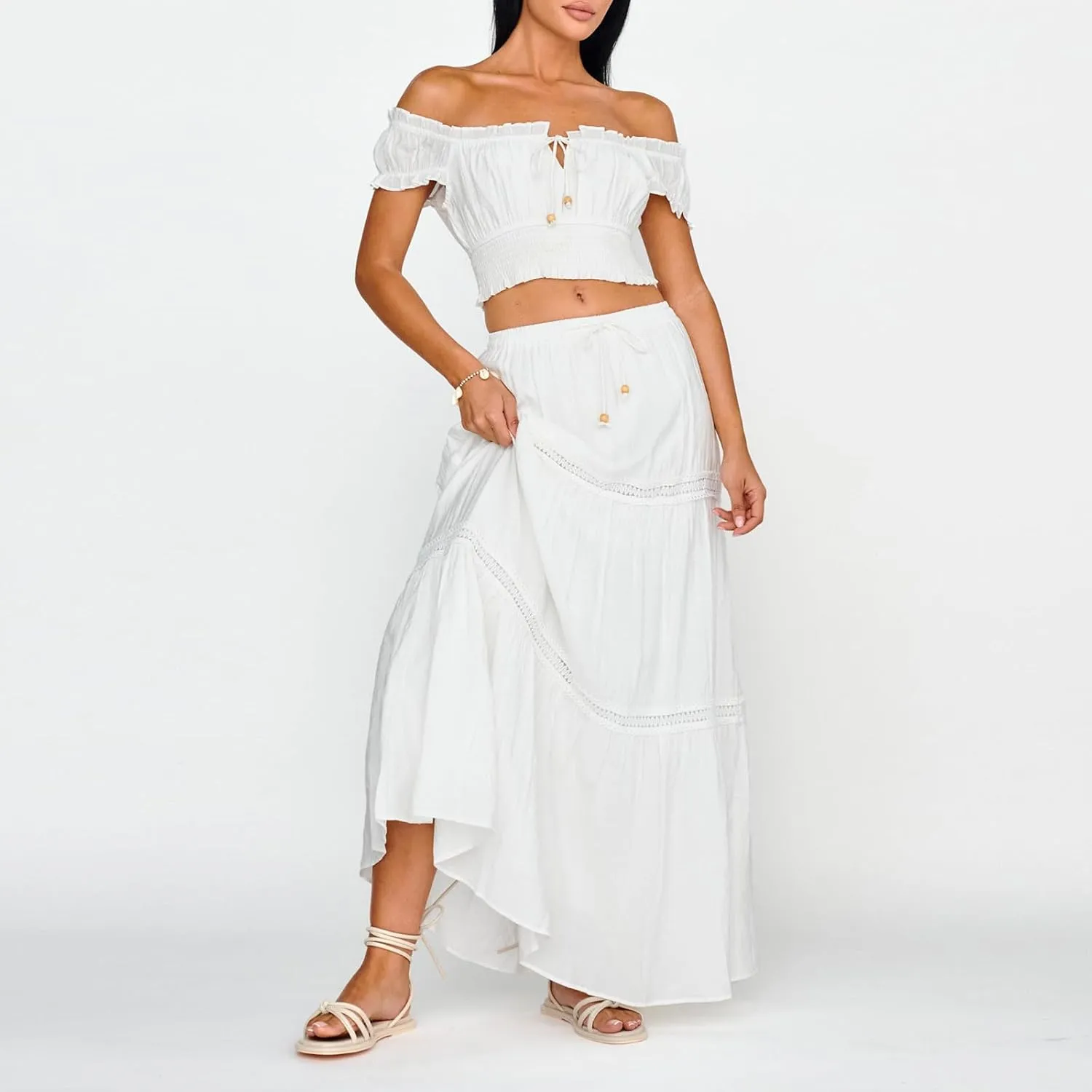 Women 2 Piece Summer Boho Skirt Outfits Puff Sleeve Off Shoulder Crop Top Flowy Long Skirt Set Vacation Beachwear