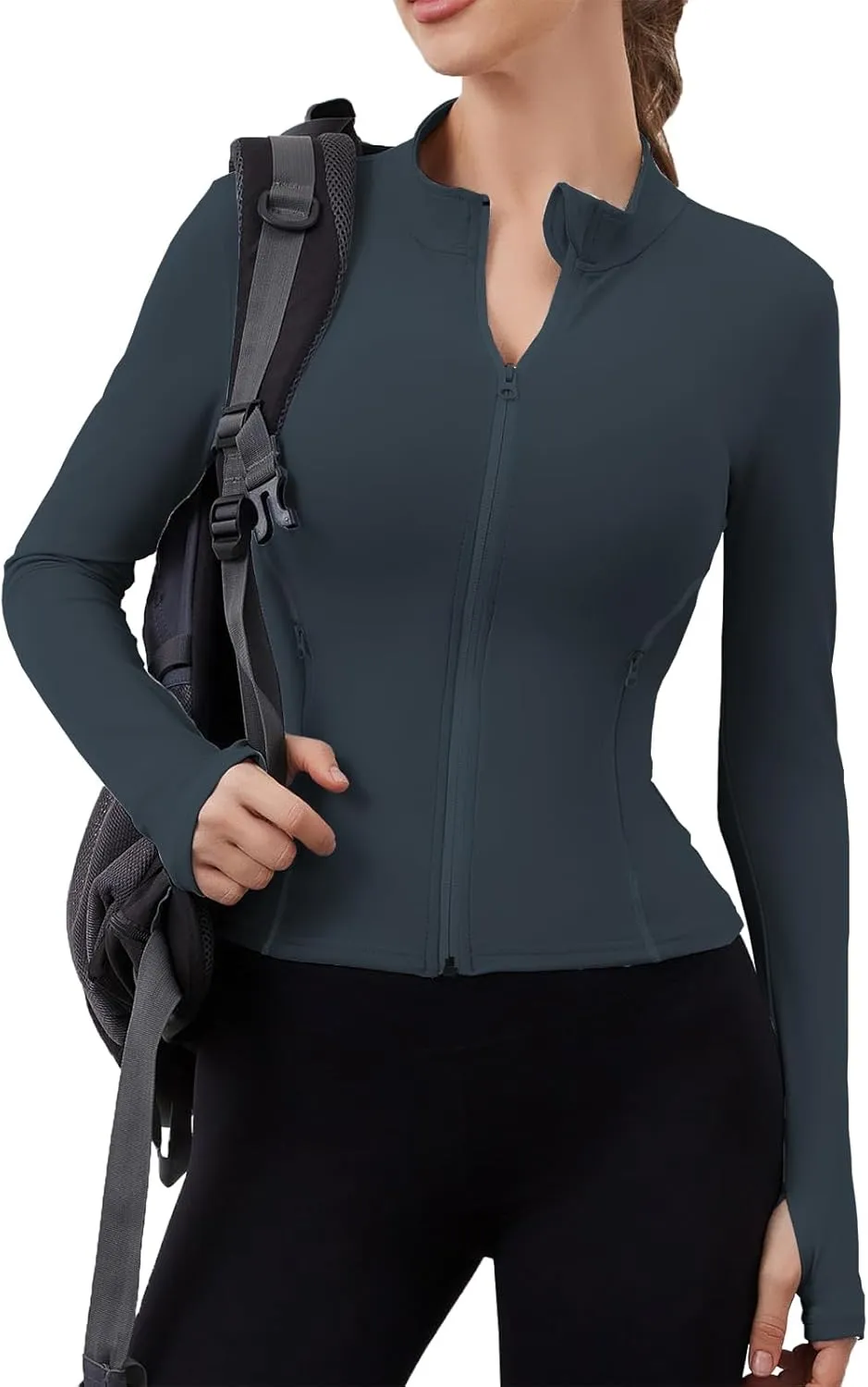 Women Built-In Pockets Athletic Jackets Slim Fit Full Zip up Workout Yoga Gym Jacket with Thumb Holes