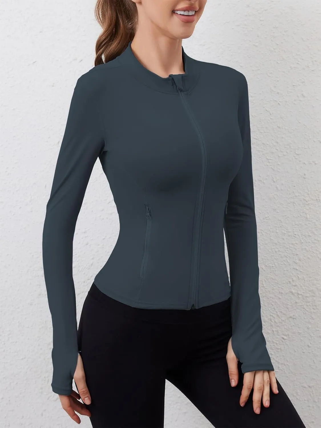 Women Built-In Pockets Athletic Jackets Slim Fit Full Zip up Workout Yoga Gym Jacket with Thumb Holes