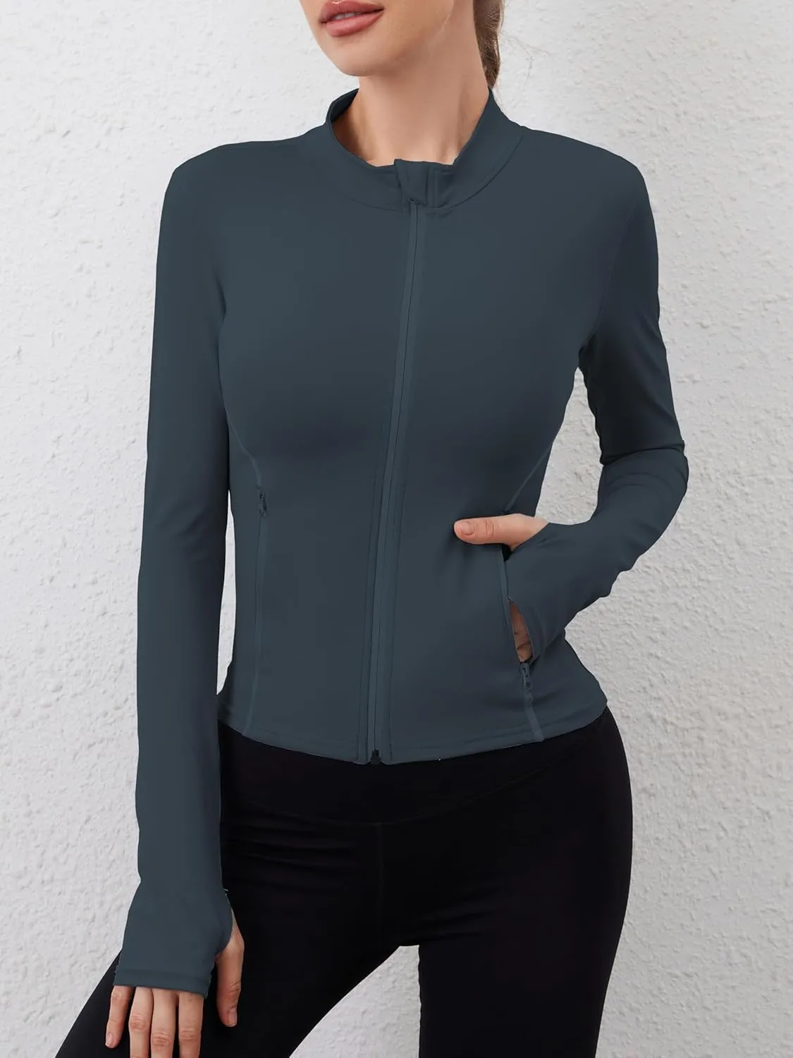 Women Built-In Pockets Athletic Jackets Slim Fit Full Zip up Workout Yoga Gym Jacket with Thumb Holes