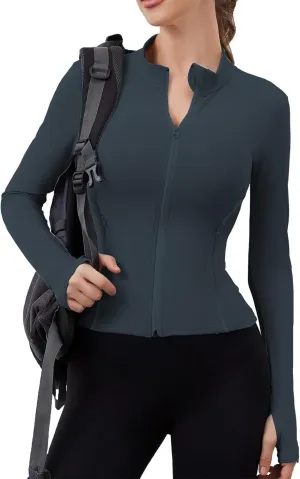Women Built-In Pockets Athletic Jackets Slim Fit Full Zip up Workout Yoga Gym Jacket with Thumb Holes