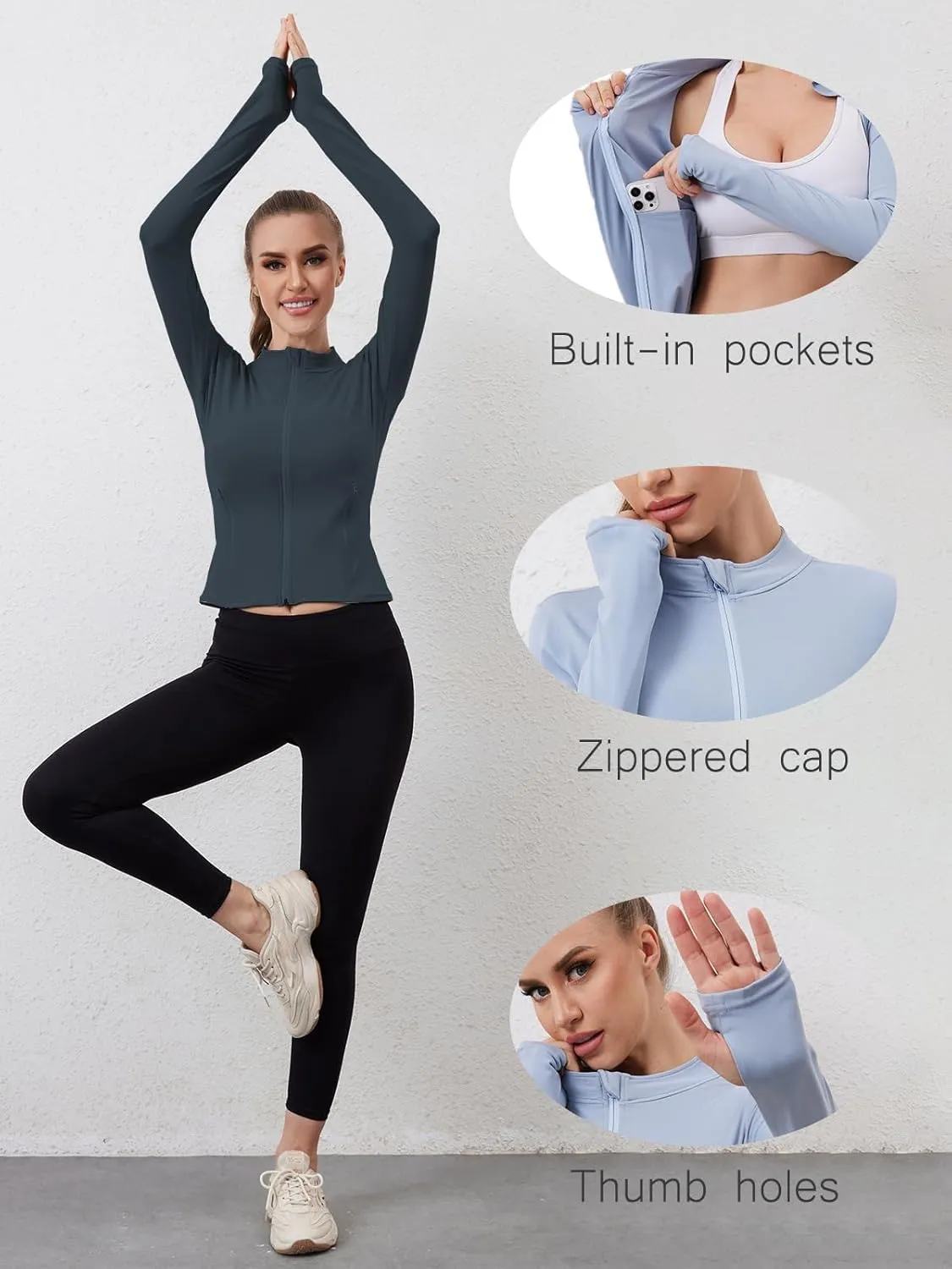 Women Built-In Pockets Athletic Jackets Slim Fit Full Zip up Workout Yoga Gym Jacket with Thumb Holes