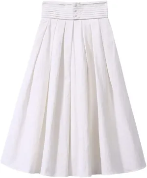 Women Button Vintage Skirt High Waist Pleated Long Midi Black White Skirts