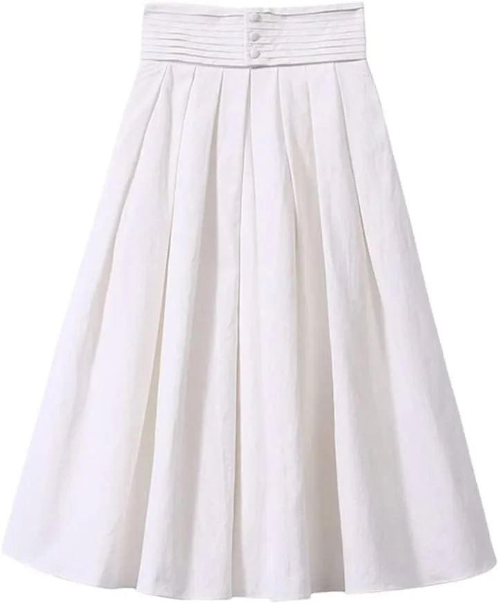 Women Button Vintage Skirt High Waist Pleated Long Midi Black White Skirts