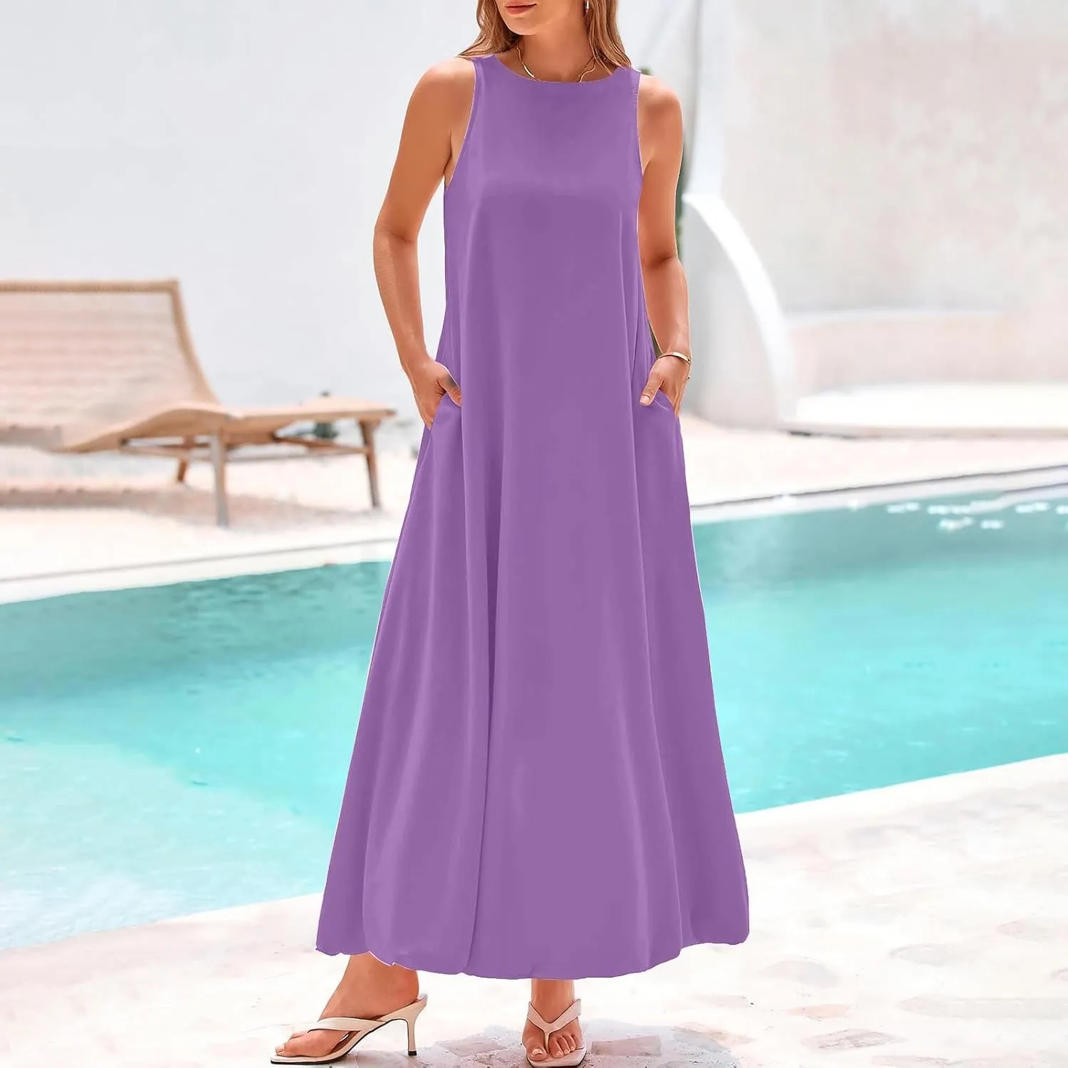 Women Comfy Maxi Sundress Summer Sleeveless Casual Beach Dresses Flowy Lightweight Crewneck Tank Dress with Pockets