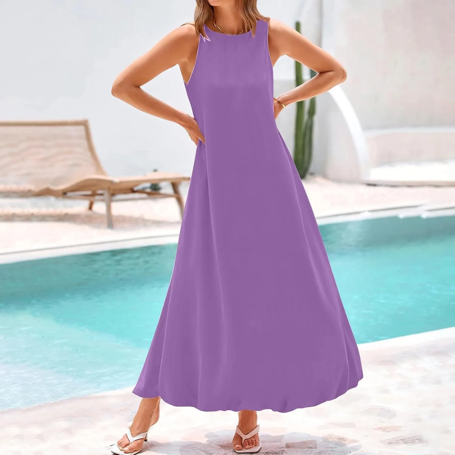 Women Comfy Maxi Sundress Summer Sleeveless Casual Beach Dresses Flowy Lightweight Crewneck Tank Dress with Pockets
