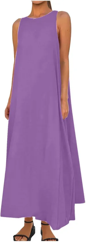 Women Comfy Maxi Sundress Summer Sleeveless Casual Beach Dresses Flowy Lightweight Crewneck Tank Dress with Pockets