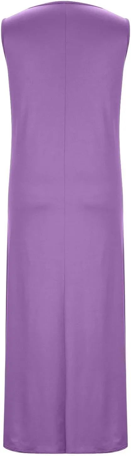 Women Comfy Maxi Sundress Summer Sleeveless Casual Beach Dresses Flowy Lightweight Crewneck Tank Dress with Pockets