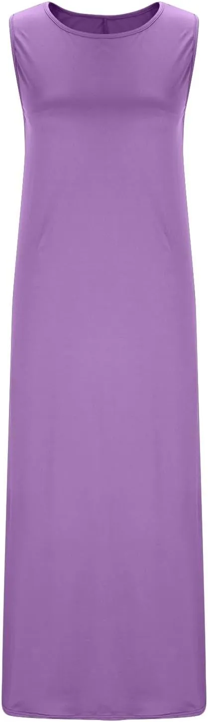Women Comfy Maxi Sundress Summer Sleeveless Casual Beach Dresses Flowy Lightweight Crewneck Tank Dress with Pockets