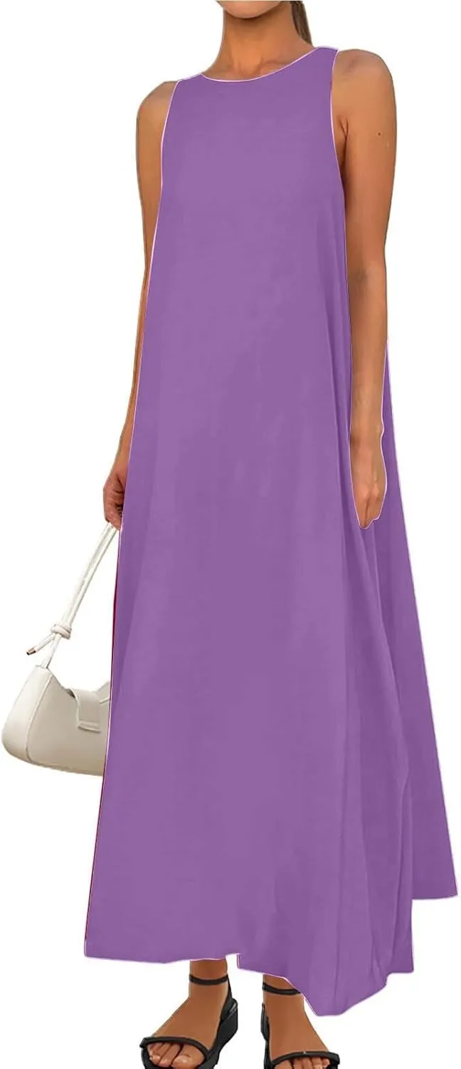 Women Comfy Maxi Sundress Summer Sleeveless Casual Beach Dresses Flowy Lightweight Crewneck Tank Dress with Pockets