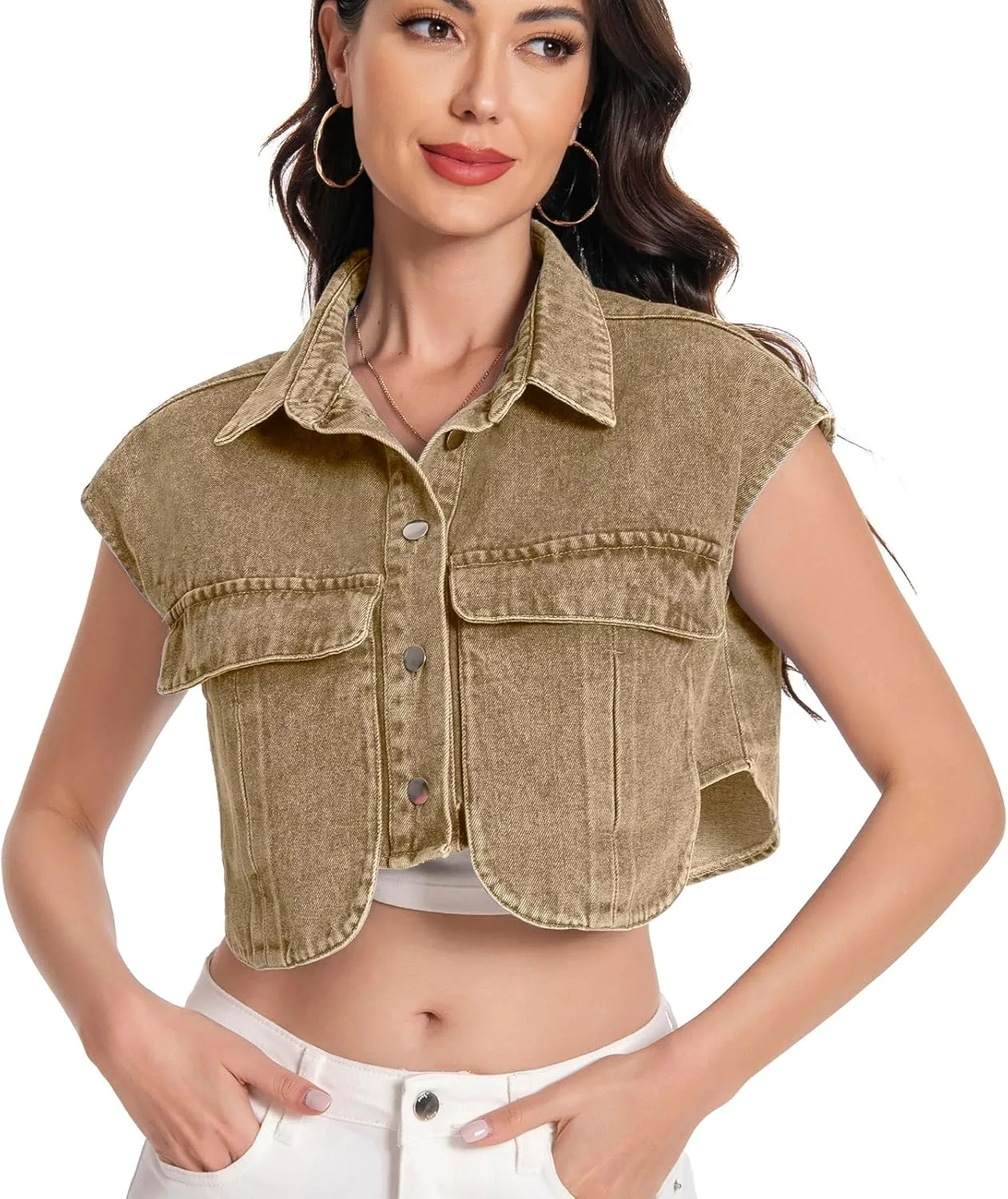 Women Cropped Denim Shirt Summer Jean Stylish Button Down Collared Cute Sleeveless Top with Pockets