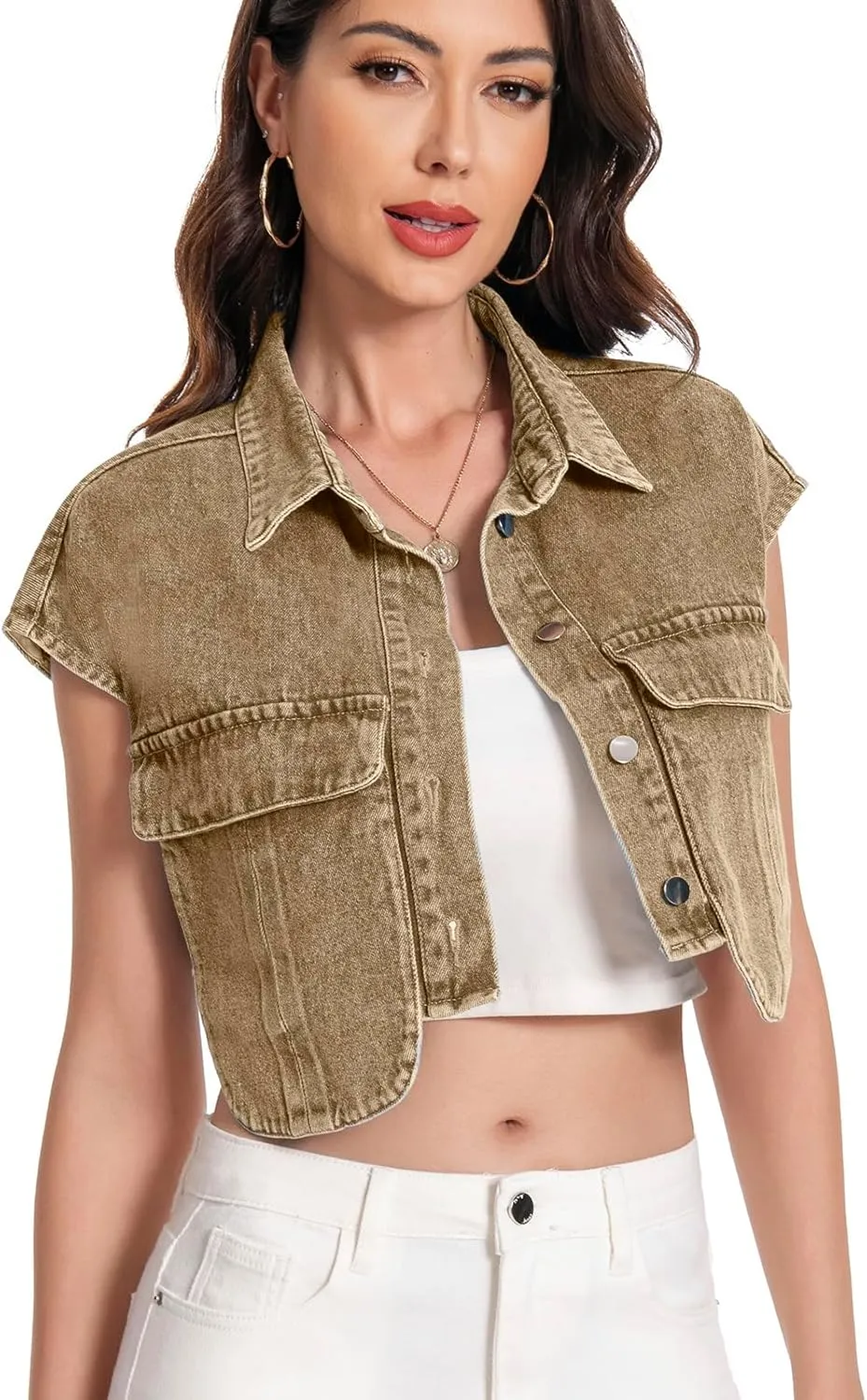 Women Cropped Denim Shirt Summer Jean Stylish Button Down Collared Cute Sleeveless Top with Pockets