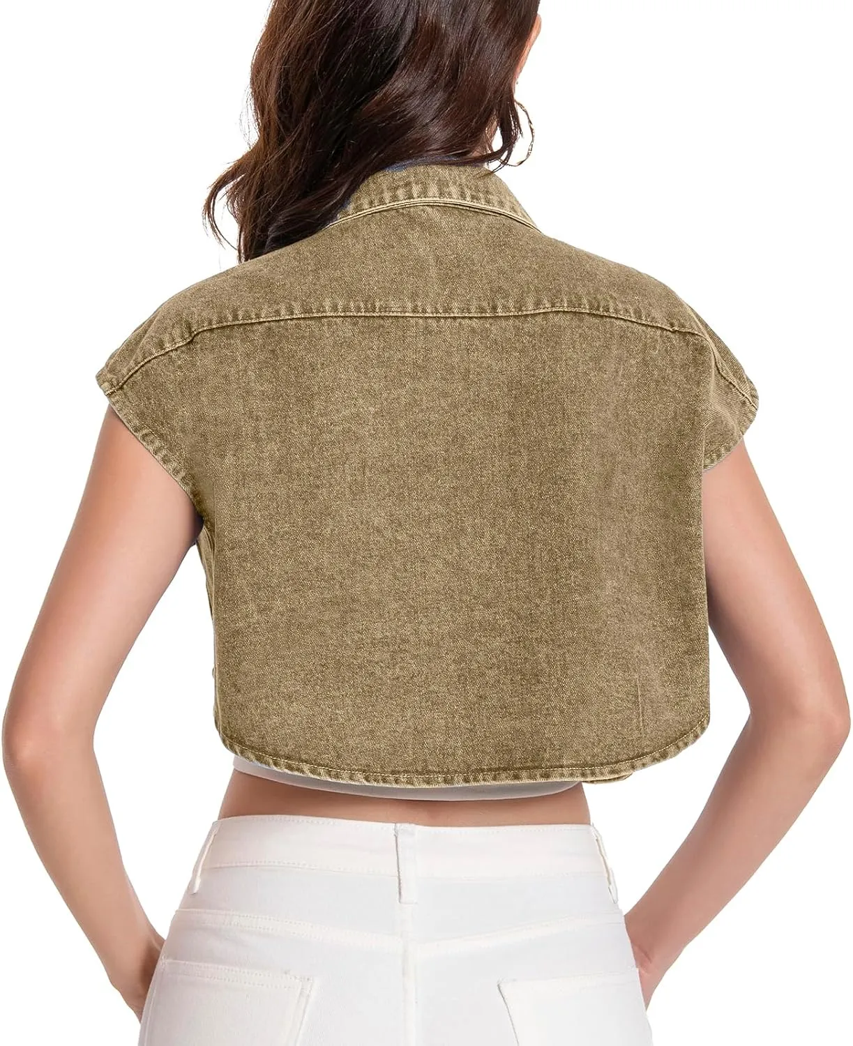 Women Cropped Denim Shirt Summer Jean Stylish Button Down Collared Cute Sleeveless Top with Pockets