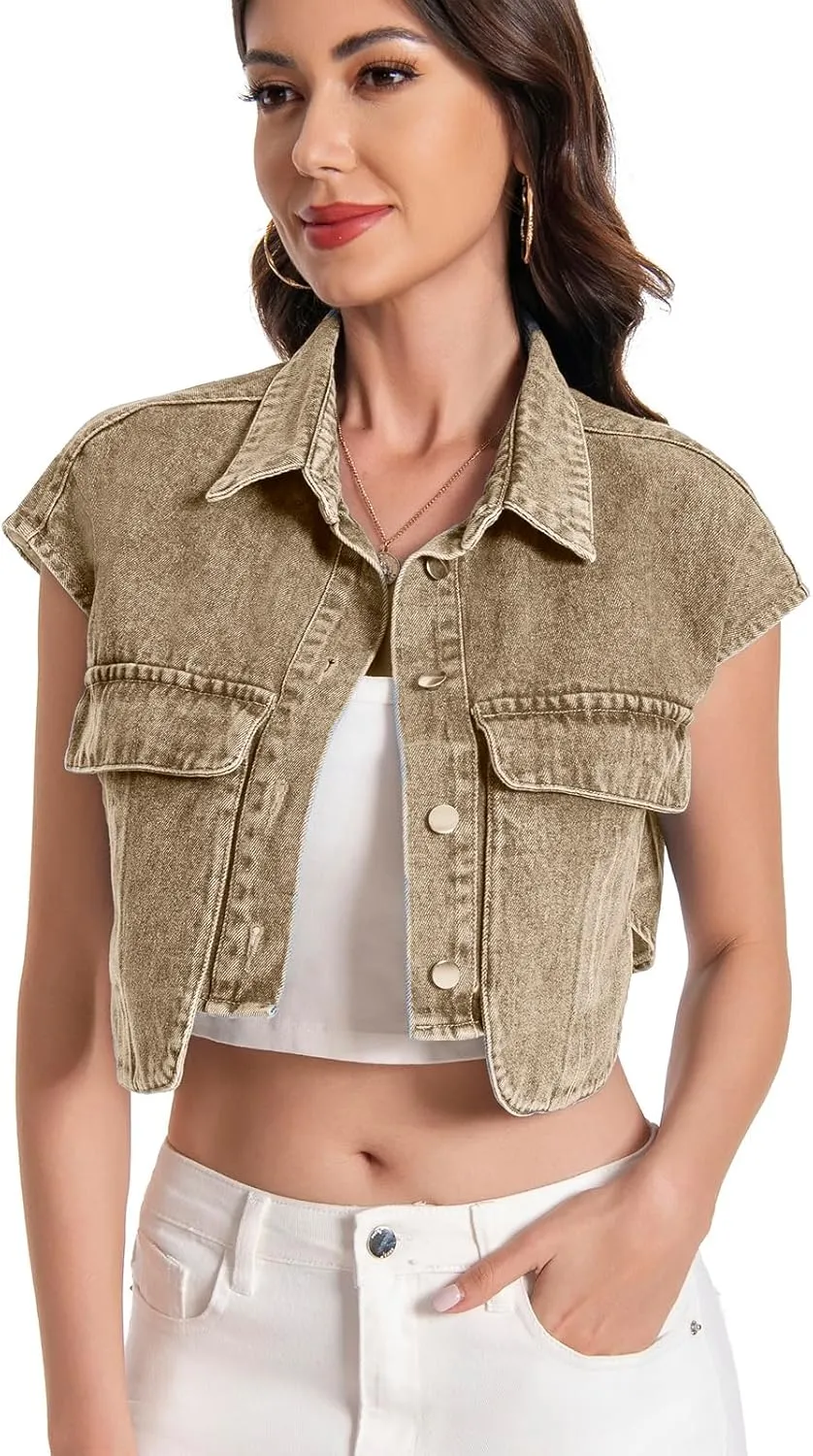 Women Cropped Denim Shirt Summer Jean Stylish Button Down Collared Cute Sleeveless Top with Pockets
