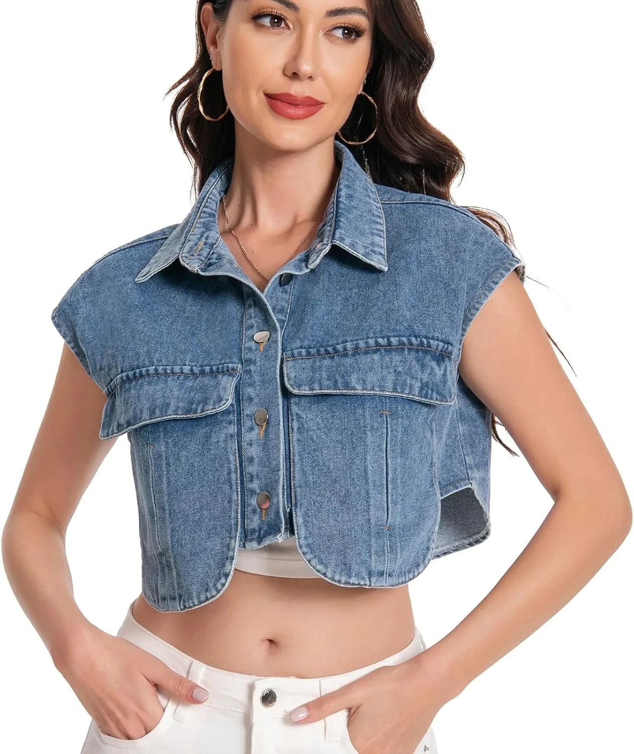 Women Cropped Denim Shirt Summer Jean Stylish Button Down Collared Cute Sleeveless Top with Pockets