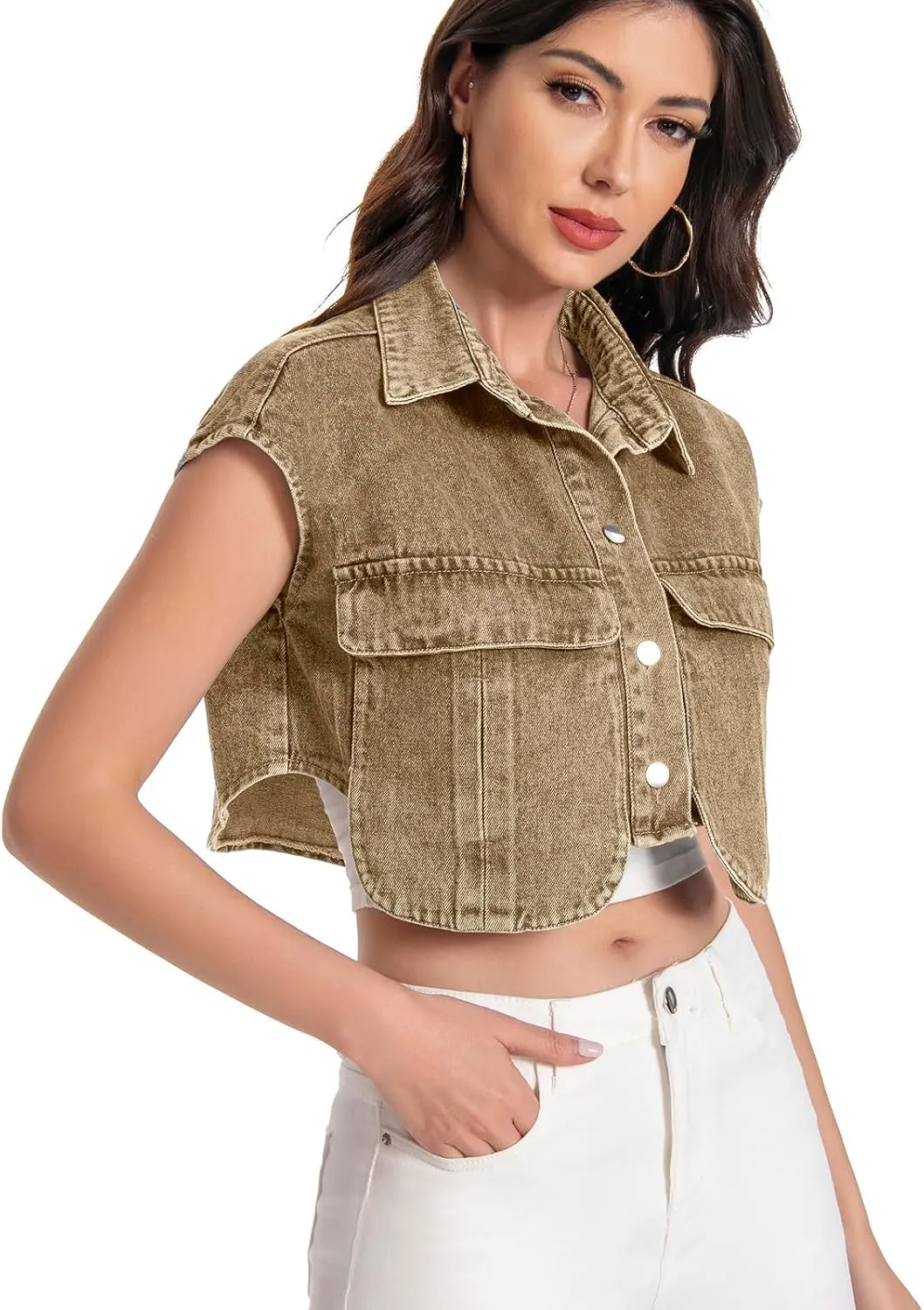 Women Cropped Denim Shirt Summer Jean Stylish Button Down Collared Cute Sleeveless Top with Pockets