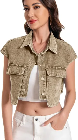 Women Cropped Denim Shirt Summer Jean Stylish Button Down Collared Cute Sleeveless Top with Pockets