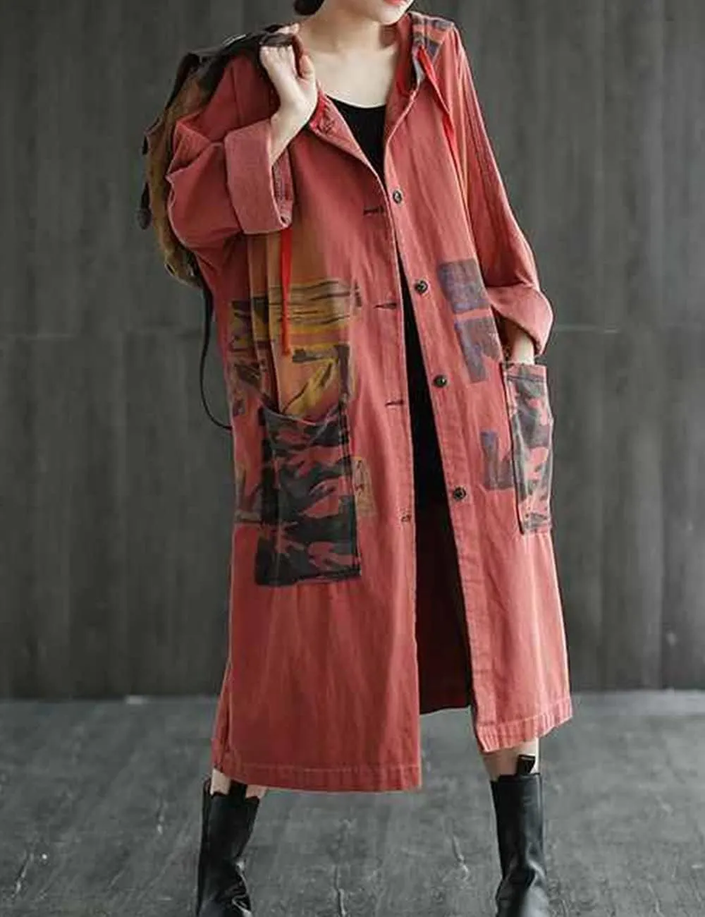 Women Fashion Oversized Distressed Denim Trench Jacket Coat Casual Ethnic Printed Fall Winter Hooded Outerwear