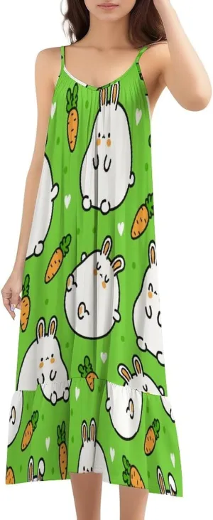 Women Fat Rabbits Summer Spaghetti Strap Long Dresses Stylish Ruffled Flowy Boho Sundresses