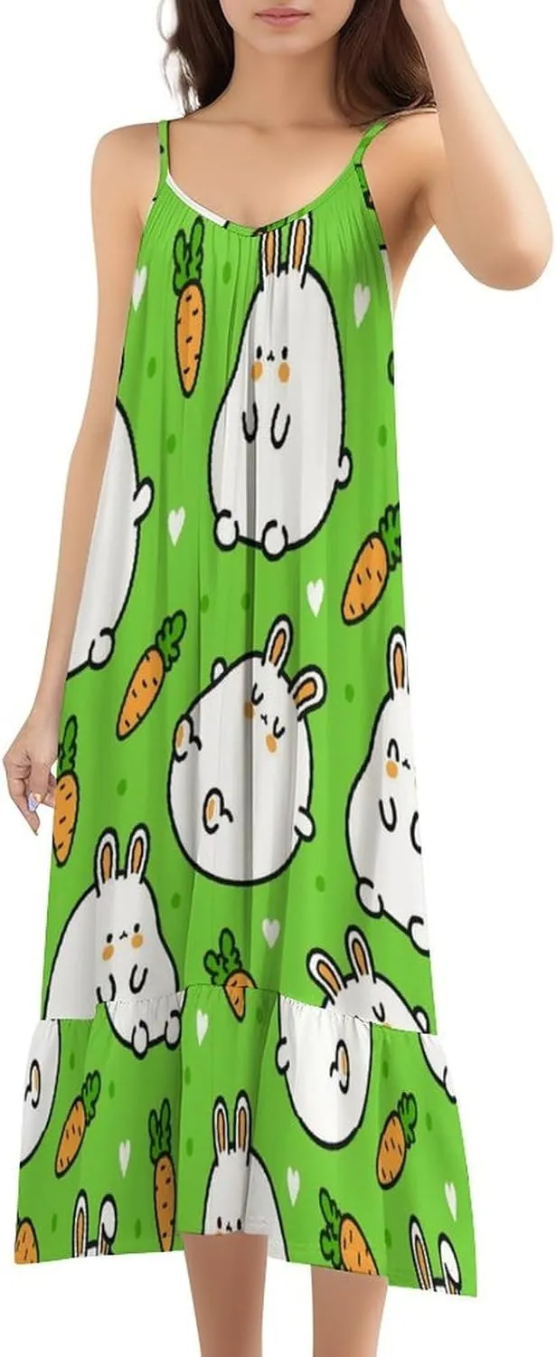 Women Fat Rabbits Summer Spaghetti Strap Long Dresses Stylish Ruffled Flowy Boho Sundresses