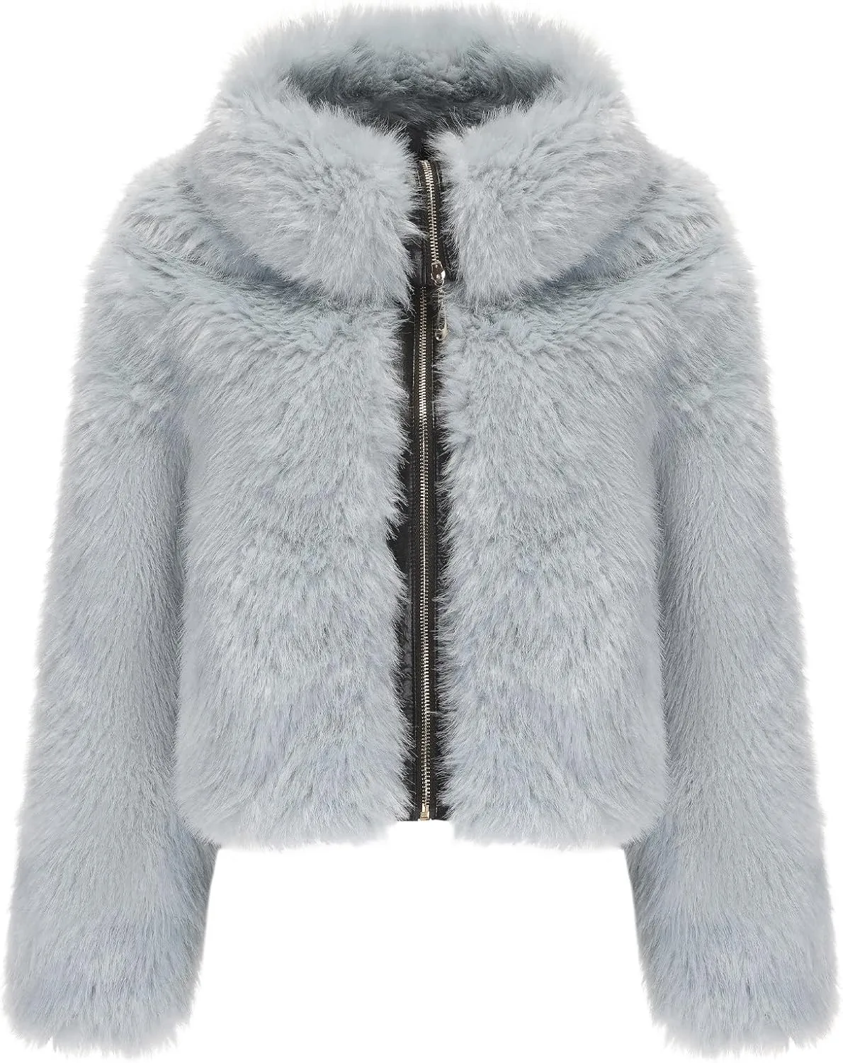 Women Faux Fur Jacket Zip Up Large Turn-Down Collar for Short Jackets Fall and Winter Warm Fluffy Cardigan Coat