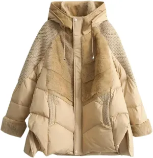 Women Hooded Parker Loose Down Jacket Knitting Patchwork Warm Coat Cotton Padded Jacket Outerwear beige khaki M
