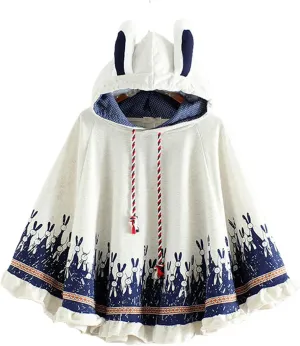 Women Kawaii Bunny Ears Cloak Hoodie Fall Winter Japanese Preppy Cute Rabbit Print Aesthetic Hooded Sweatshirt Cape