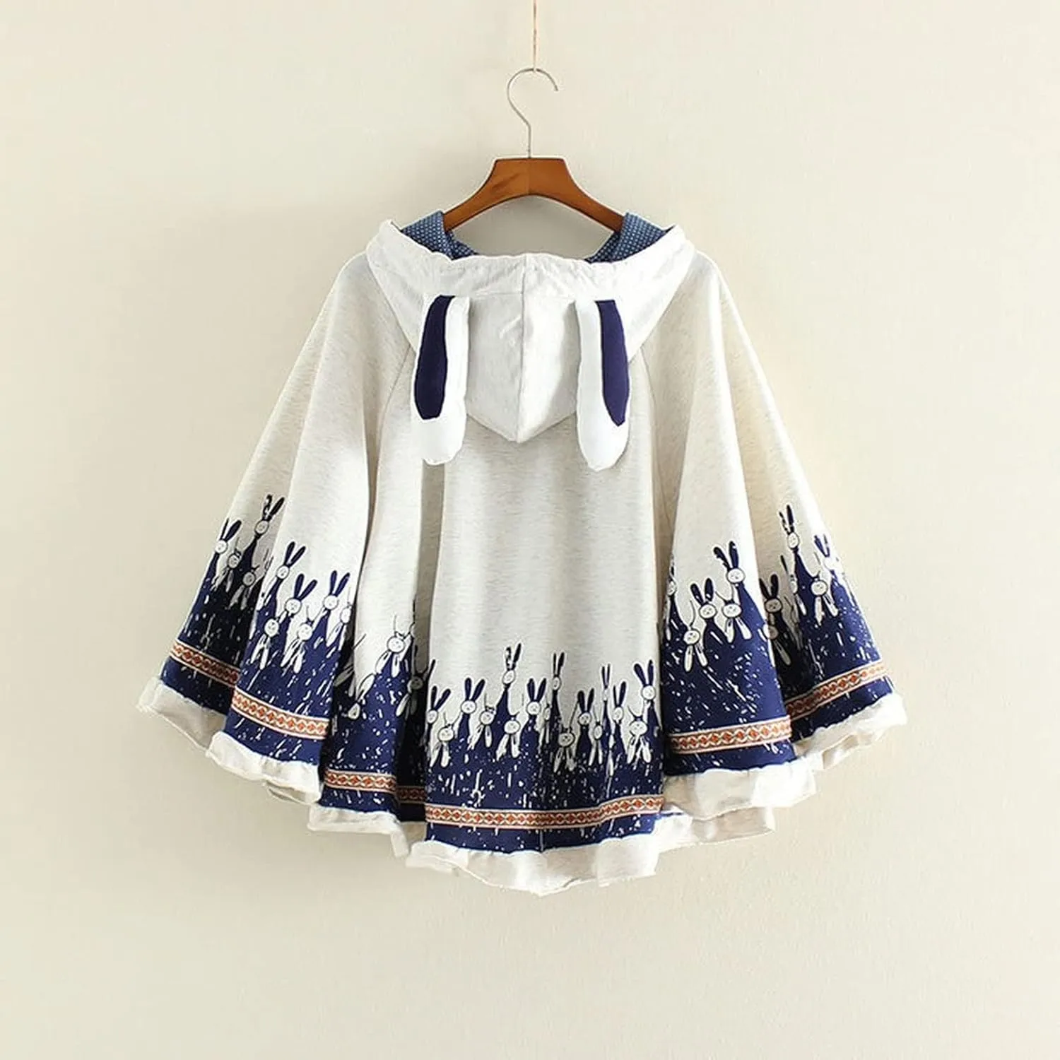 Women Kawaii Bunny Ears Cloak Hoodie Fall Winter Japanese Preppy Cute Rabbit Print Aesthetic Hooded Sweatshirt Cape