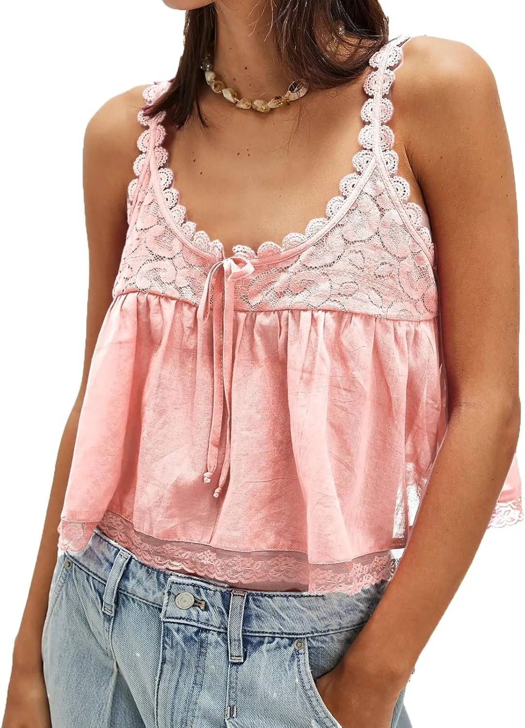 Women Lace Trim Tank Tops Y2k Tie Front Semi Sheer Crop Vest Cute Sleeveless Scoop Neck Flowy Cami Shirt