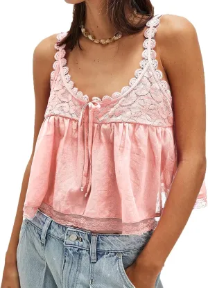 Women Lace Trim Tank Tops Y2k Tie Front Semi Sheer Crop Vest Cute Sleeveless Scoop Neck Flowy Cami Shirt